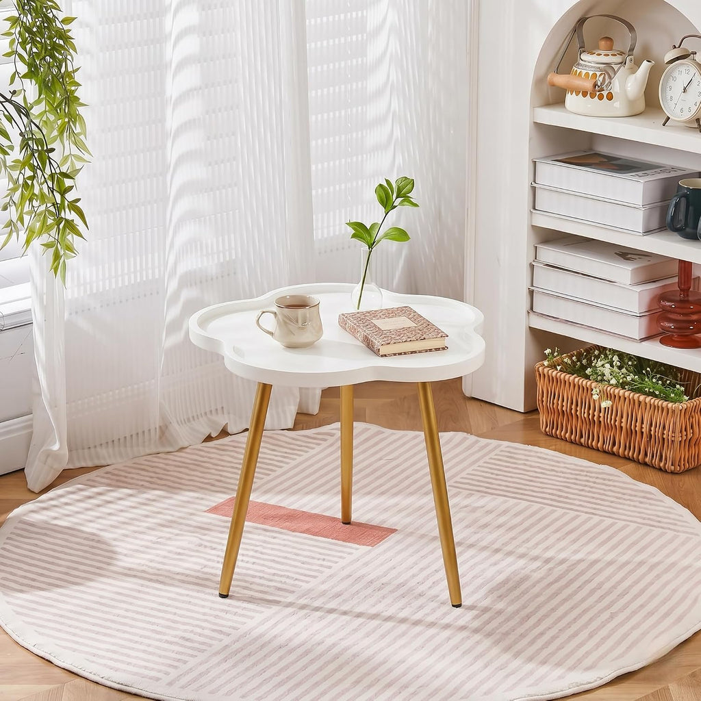 danpinera Round Side Table, Metal Legged Accent Table with Wooden Tray, Flower Tray Small Round End Table for Living Room, Bedroom, Nursery White & Gold