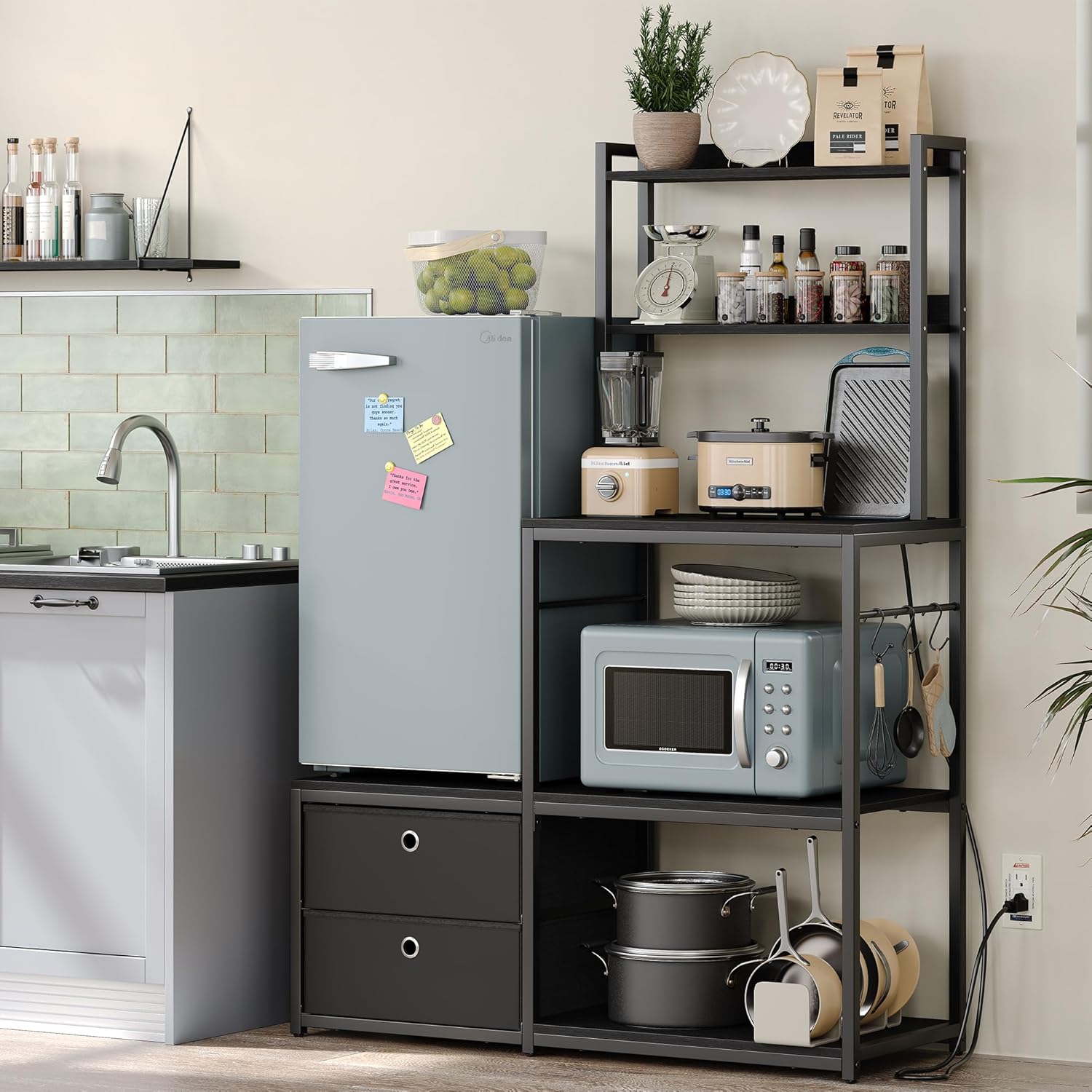 Mini Fridge Stand with Storage, Refrigerator Cabinet with Power Outlet - Multifunctional Microwave Stand, Coffee Bar Station for Dorm, Office and Kitchen, Black
