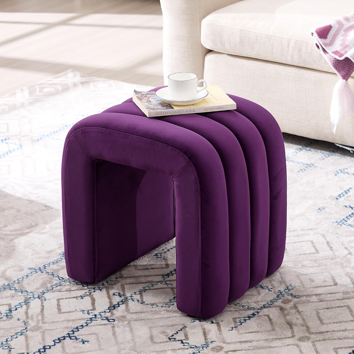 Flouki Velvet Vanity Stools, Multifunctional Arch Ottomans, Small Arch Ottoman, Ottomans for Bedroom, Dorm, Side Table Seat for Living Room, Entryway (Purple)