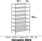 24" Deep x 42" Wide x 74" Height Wire Shelving Kit | 8-Tier | NSF Commercial Storage Rack Unit