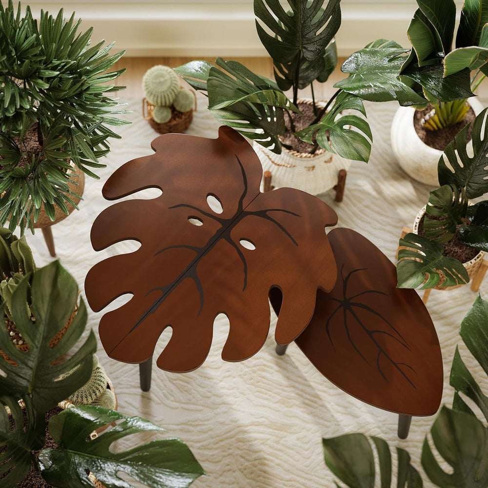 BAMEOS Monstera Leaf Nesting Tables Set of 2, Small Side Tables f Set with Le...