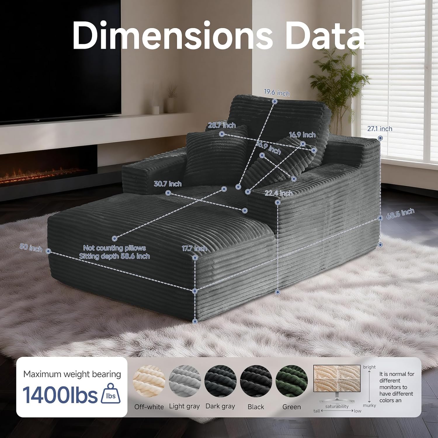 68" Oversized Boneless Chaise Lounge Chair, Cloud Reading Sofa | Oversized Comfort, Boneless Design, High-Density Foam, Deep Seat Support, Soft Corduroy, No Assembly