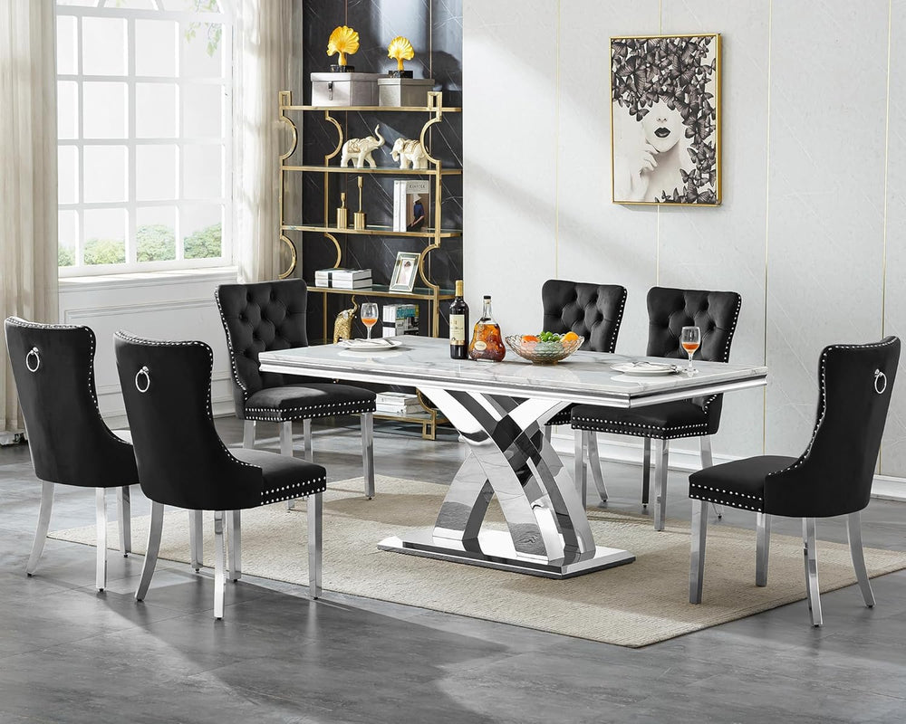 7 Piece Dining Table Set with Chairs, Faux Marble Dining Table and Black Chai...