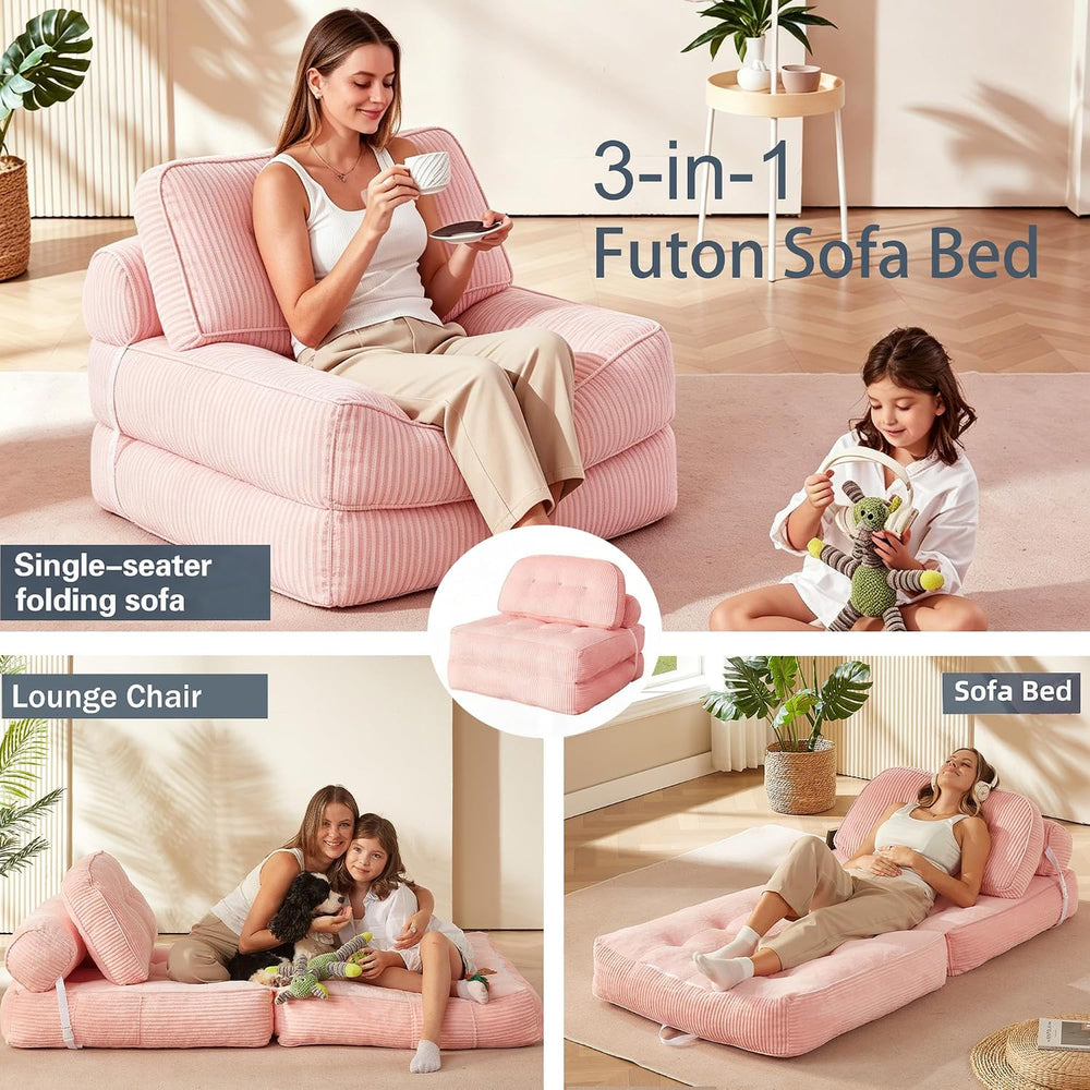 Folding Sofa Bed, Flannel Futon Couch Bed with Pillow and Blanket, Convertibl...