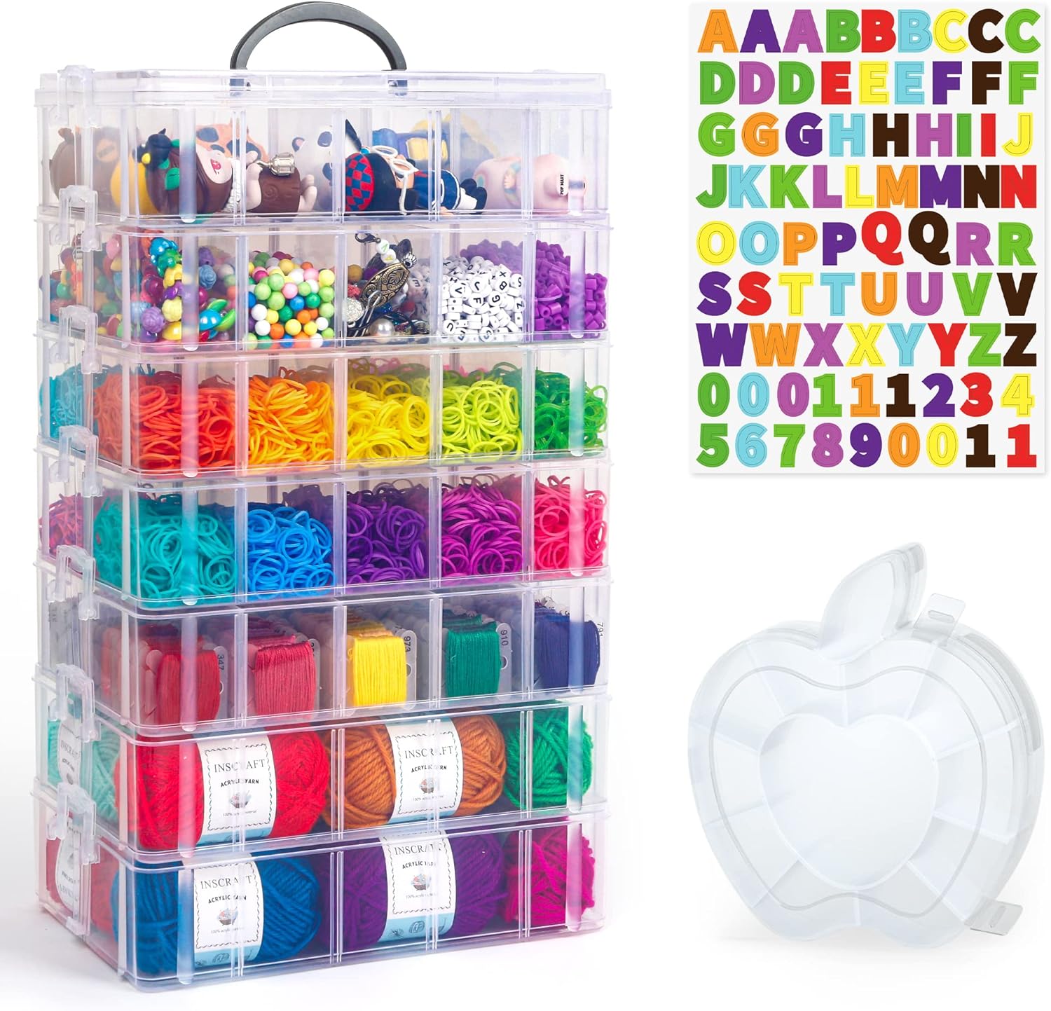 7 Layers Stackable Storage Container, 70 Adjustable Compartments (White) Perfect for Kids Toys, Art Crafts, Jewelry, Supplies, Mini Case & Letter Sticker Included