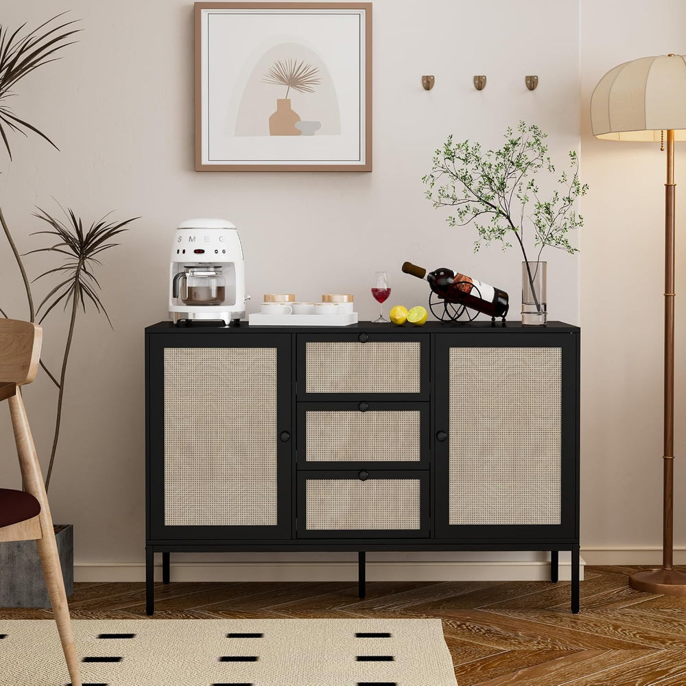 Rattan Sideboard Buffet Cabinet with 2 Doors & 3 Drawers, Mid Century Mod...