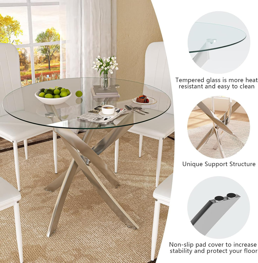 Glass Dining Table Set for 4, Modern Round Dining Room Table with Chairs, 5 Piece Kitchen Table and Chairs Set, for Living Room, Small Space (Include 4 White Chairs)