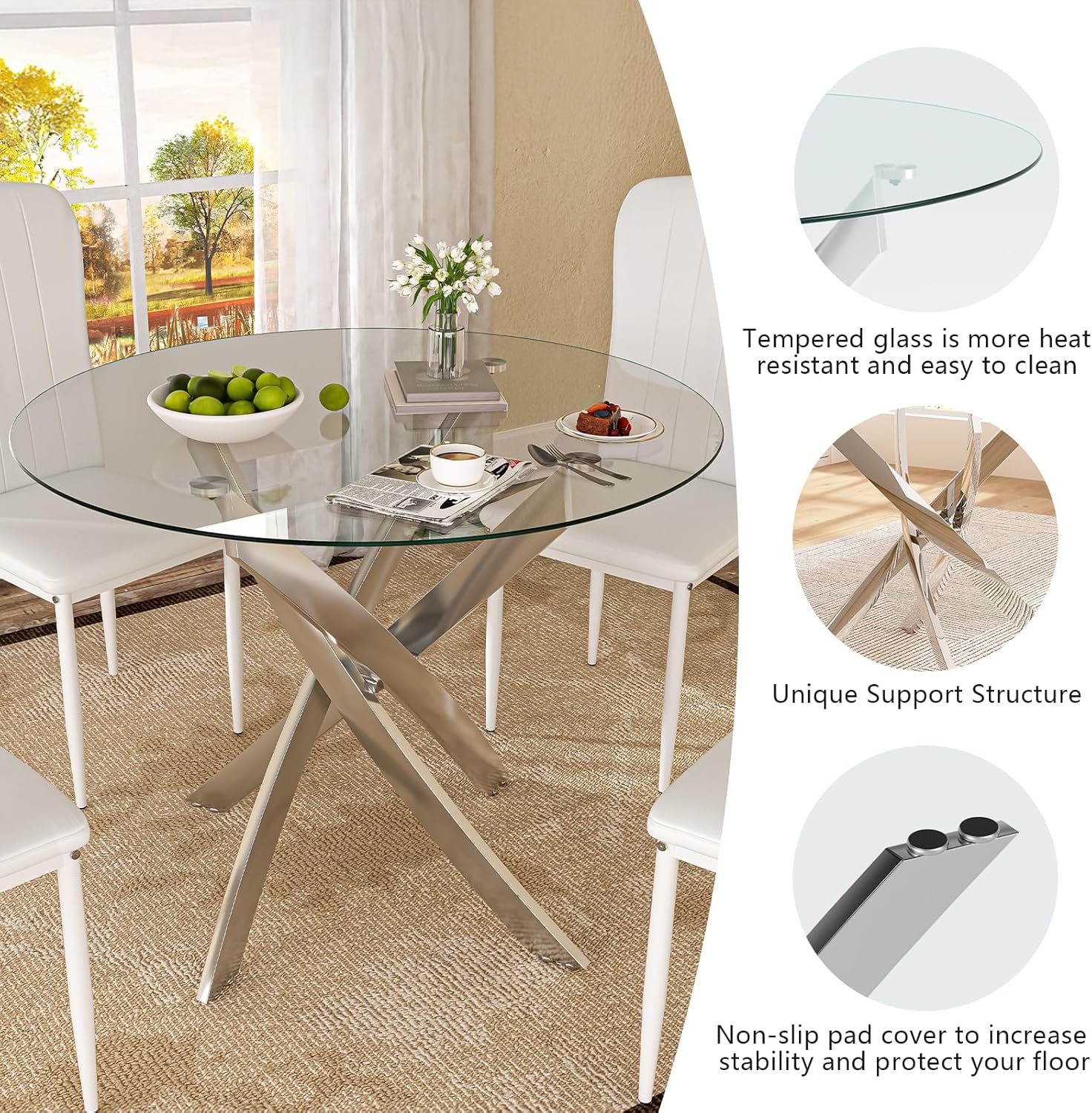 Glass Dining Table Set for 4, Modern Round Dining Room Table with Chairs, 5 Piece Kitchen Table and Chairs Set, for Living Room, Small Space (Include 4 White Chairs)