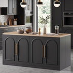 Large Kitchen Island, 63" L Kitchen Island Table with Power Outlet | Wooden Island Bar Table with 4 Arch Doors Kitchen Island with Storage Cabinet & Seating Room for Dining Room, Home Bar, Black