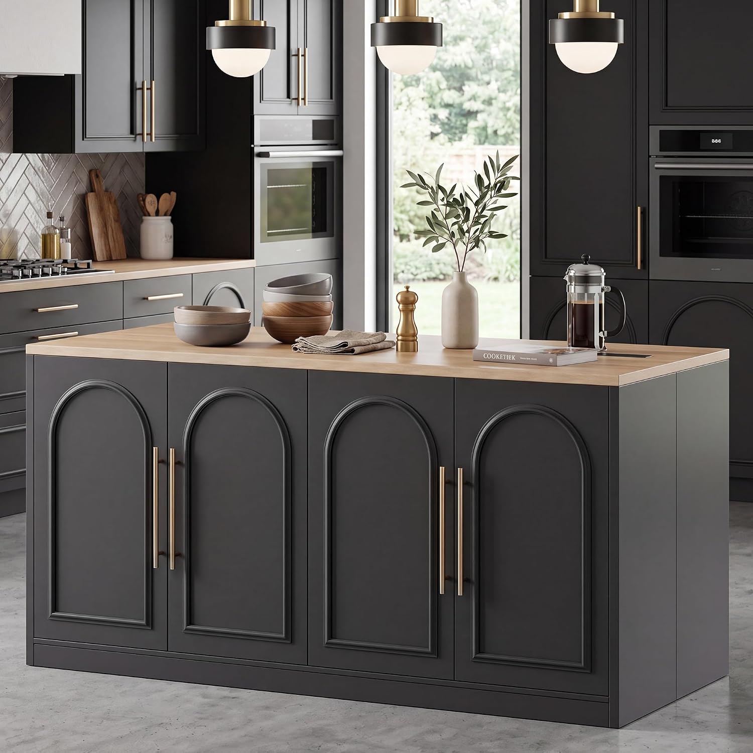 Large Kitchen Island, 63" L Kitchen Island Table with Power Outlet | Wooden Island Bar Table with 4 Arch Doors Kitchen Island with Storage Cabinet & Seating Room for Dining Room, Home Bar, Black
