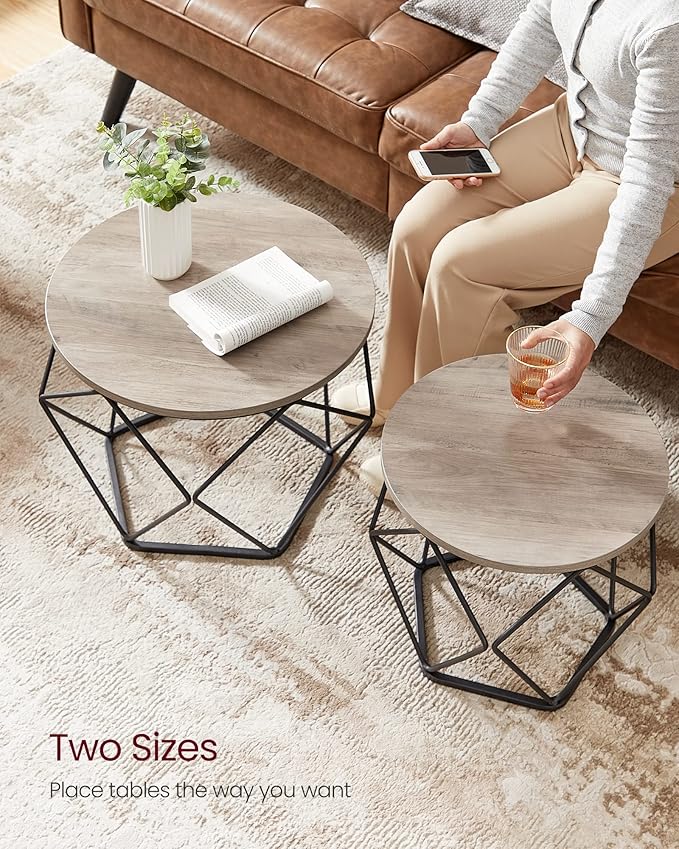 VASAGLE Small Coffee Table Set of 2, Round Coffee Table with Steel Frame, Sid...