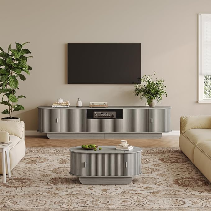 Fluted TV Stand and Coffee Table Set of 2, 86.6'' TV Console for 55-85 Inch, Modern Entertainment Center with Large Storage Cabinet, Lift Top Coffee Table for Living Room, Bedroom, Grey