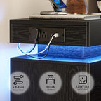 LIKIMIO Night Stand Set of 2, Modern Black Nightstand with with Charging Station, Bedside Tables with LED Light and Drawers, End Table for Bedroom
