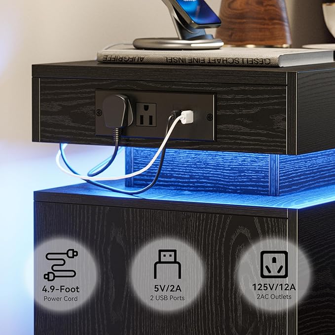 LIKIMIO Night Stand Set of 2, Modern Black Nightstand with with Charging Station, Bedside Tables with LED Light and Drawers, End Table for Bedroom