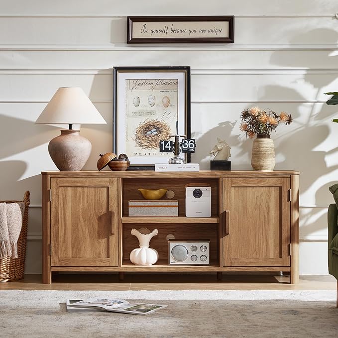 Farmhouse 55" Tv Stand,Dark Wood Entertainment Center with Adjustable Shelves & 2 Door Storage,Wooden Media Console Cabinet for TVs Up to 65 inches, Rustic Tv Stands for Living Room,Bedroom