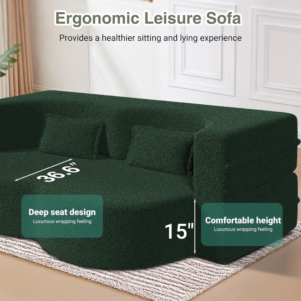 78" Convertible Folding Sofa Bed, 2-in-1 Full Size Floor Boneless Couch Bed, Loveseat sleeper Couch , Teddy Floor Sofa, Memory Foam Sleeper SofaBed, Small couches for small spaces, No Assembly (Green)