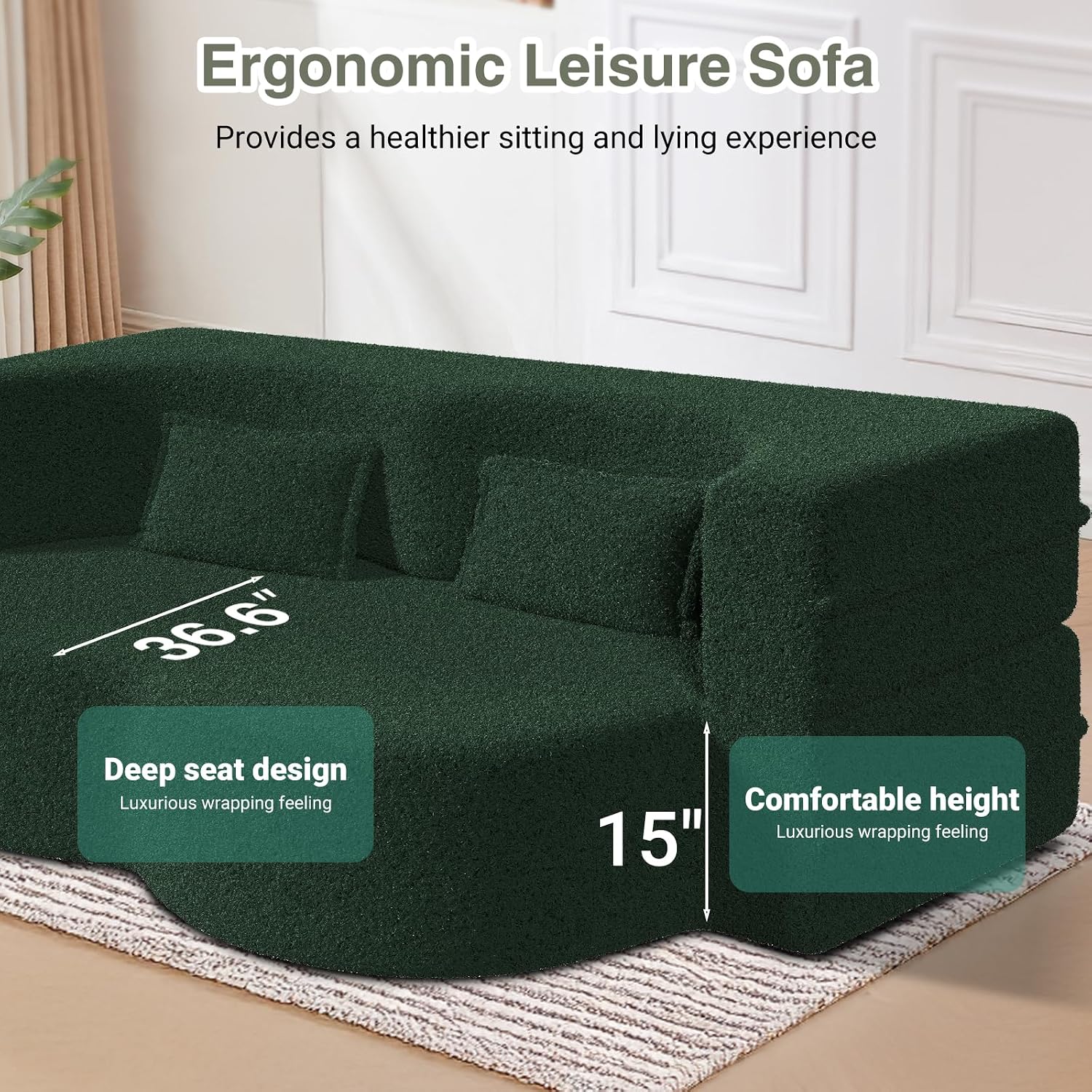 78" Convertible Folding Sofa Bed, 2-in-1 Full Size Floor Boneless Couch Bed, Loveseat sleeper Couch , Teddy Floor Sofa, Memory Foam Sleeper SofaBed, Small couches for small spaces, No Assembly (Green)