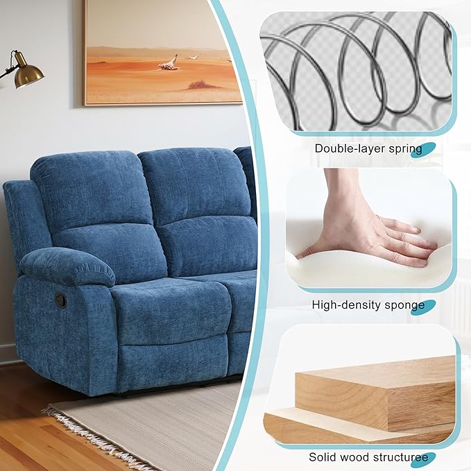 Recliner Sofa Set Couches for Living Room Chair Fluffy Fabric Living Room Furniture Sets, Adjusted Loveseat Loveseat Reclining Couch Furniture Sofa Set for Theater Seating, 3seater, Light Blue