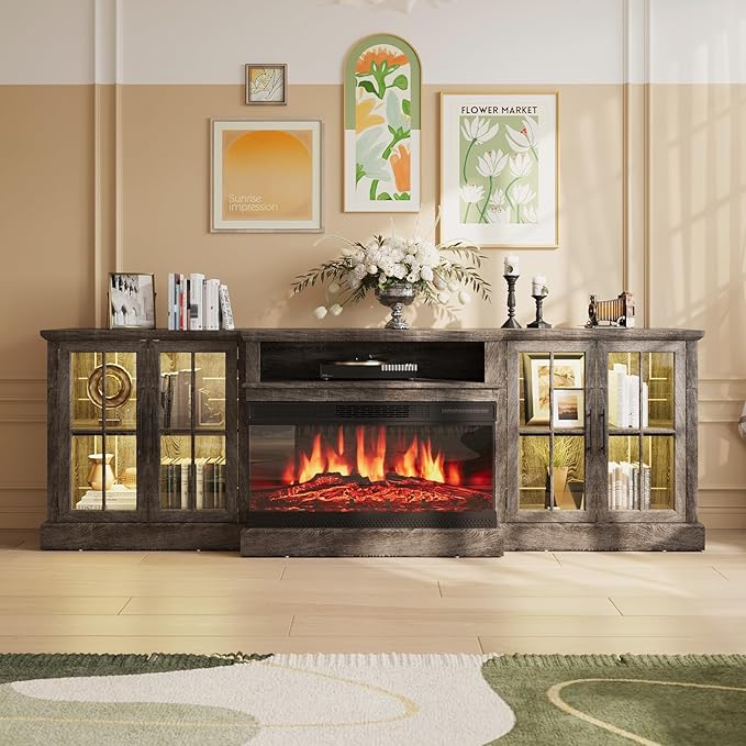 98" Farmhouse TV Stand with 36" Fireplace for TVs up to 100", Media Entertainment Center with Adjustable Shelves and Large Storage Cabinets, for Living Room, Gray & Black
