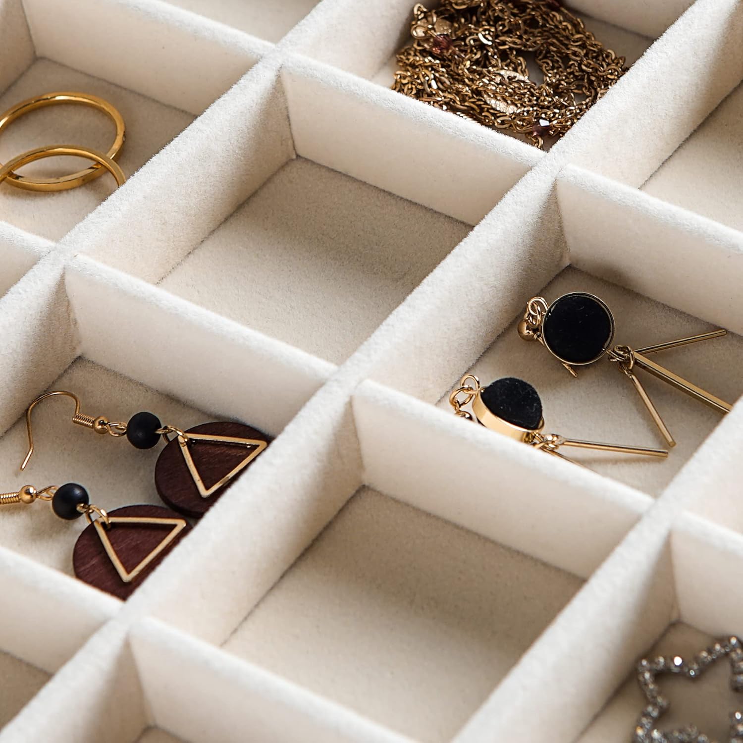 Frebeauty Stackable Velvet Jewelry Organizer Trays for Drawers Inserts Jewelry Storage Tray Display Case, Stud Earrings Bracelets Necklace Rings Accessories Trays for Women Girls(Set of 2 Beige)