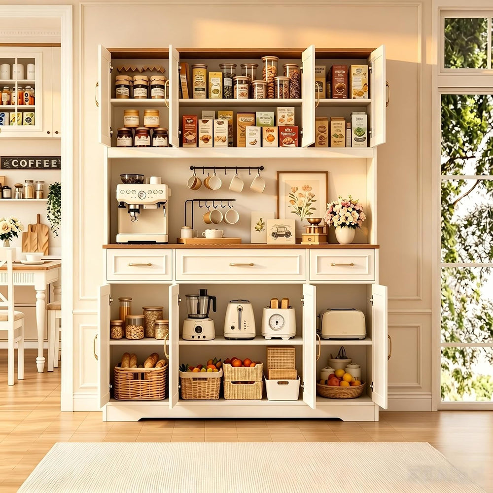71" Tall Farmhouse Kitchen Pantry Cabinet, 55" Wide Storage Hutch w...