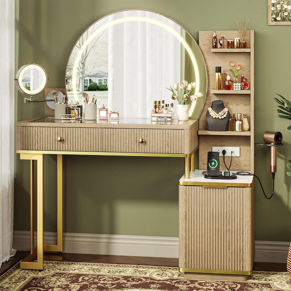 Einhomn Vanity Desk w/5x Magnifying Mirror, Fluted Makeup Vanity w/Mirror and...