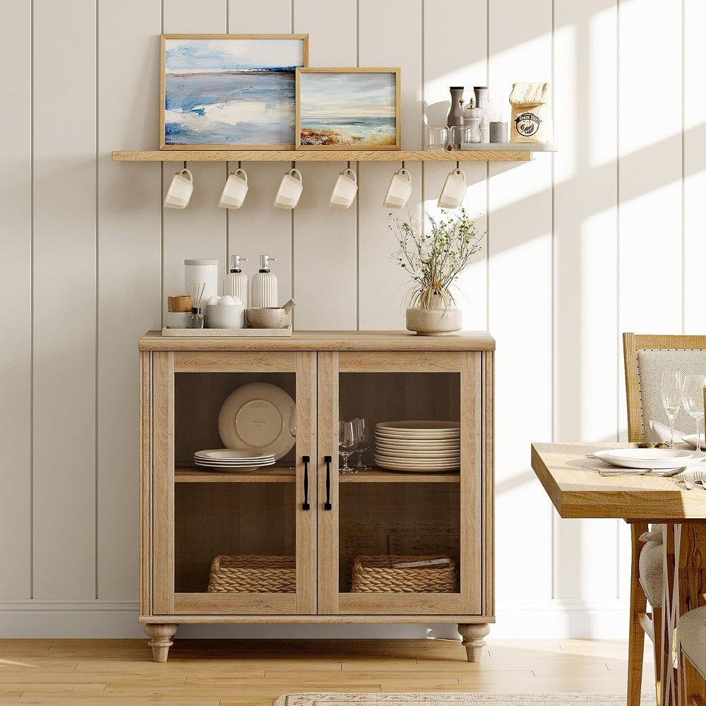 WAMPAT Buffet Cabinet with 2 Glass Doors&Adjustable Shelf, Oak