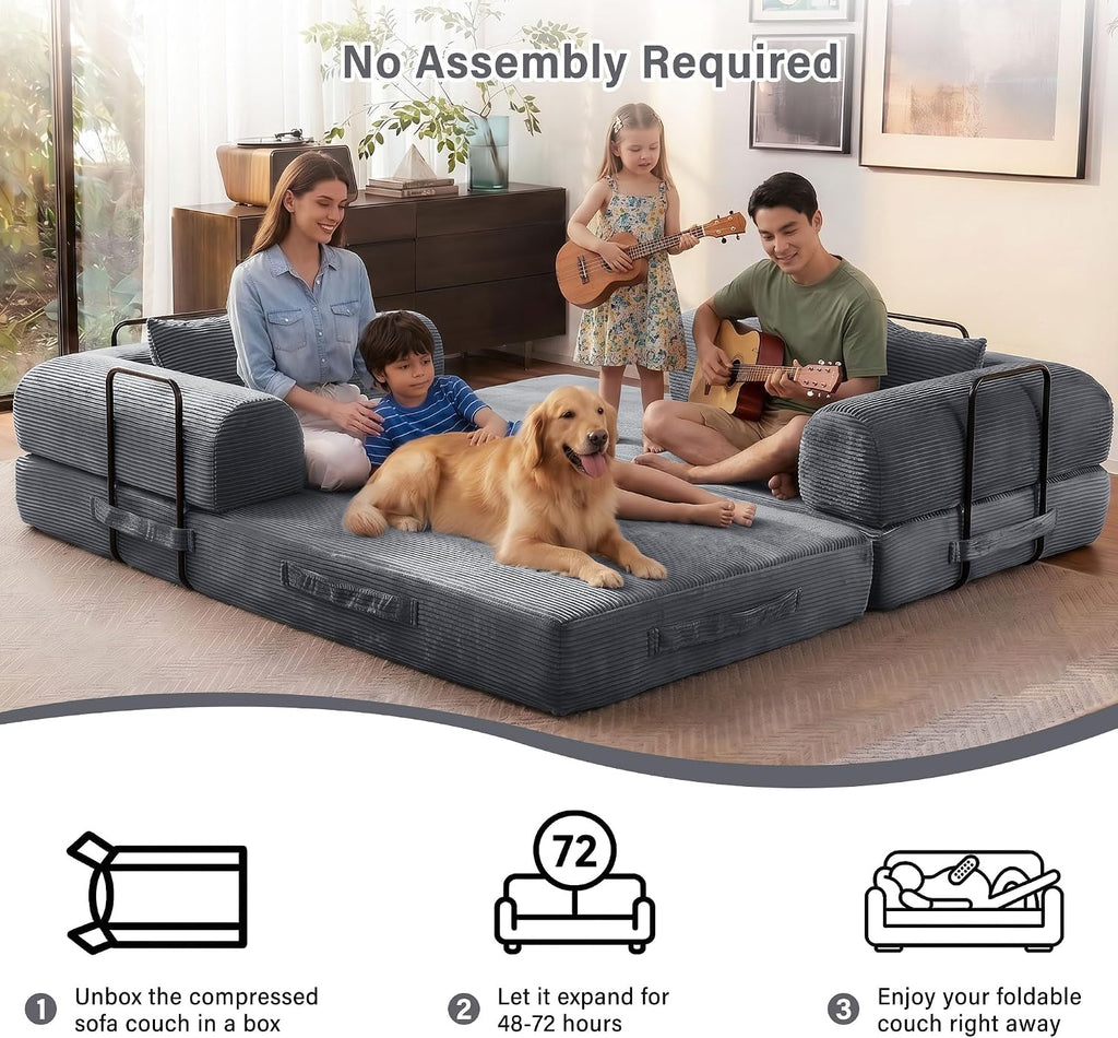 79" Convertible Sofa Bed, Boneless Sleeper Futon Couch for Living Room | 5-in-1 Sleeper Sofa, Boneless Pull Out Couches with Soft Corduroy, No Assembly Required, Apartment Friendly, Dark Grey
