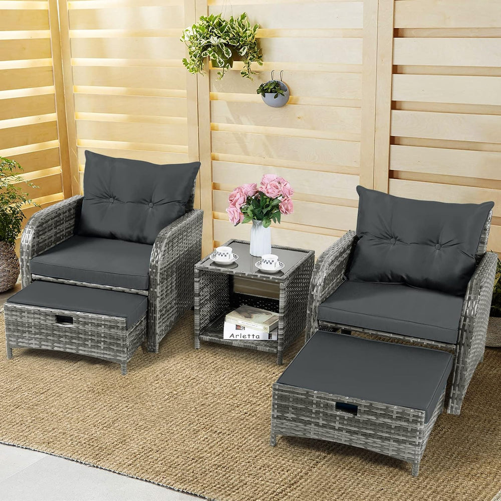 Patio Chair with Ottomans and Table, 5 Piece PE Wicker Rattan Outdoor Patio F...