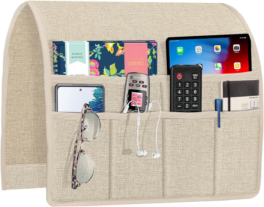 Joywell Beige Remote Control Holder Recliner Armchair Caddy Couch Caddy Sofa Armrest Organizer Linen Fabric Tan Taupe Sofa Arm Chair Caddie with 6 Pocket Storage for Magazine, Tablet, Phone, iPad