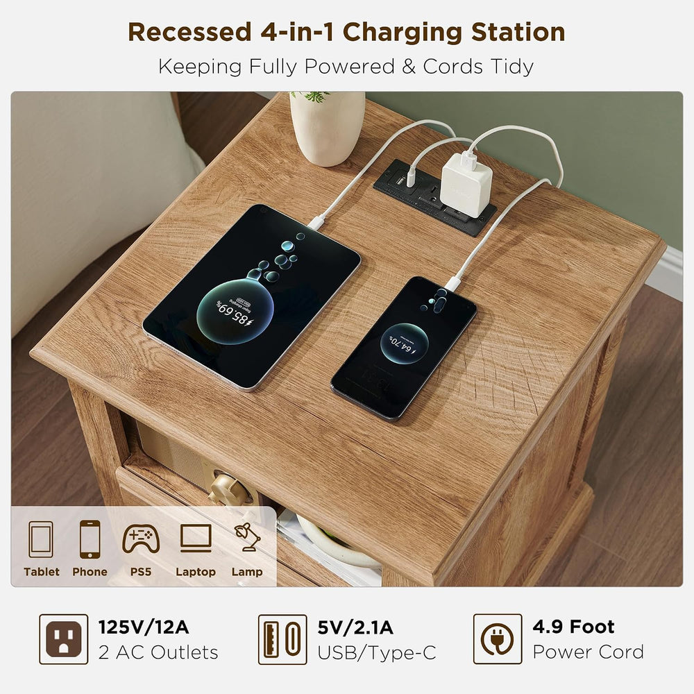 T4TREAM 18" Vintage Nightstand with Charging Station, Light Knotty Oak |...