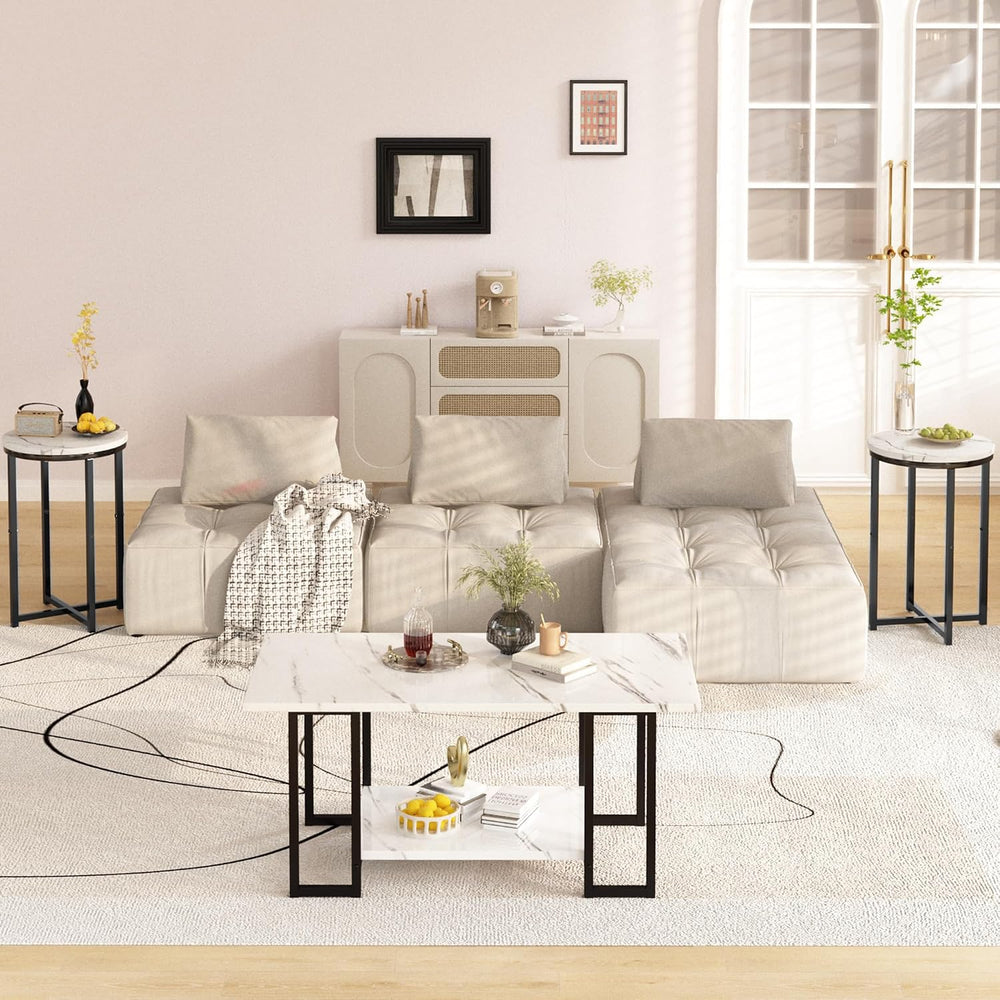 Lamerge 3 Pieces Living Room Table Set, Faux Marble Coffee Table with 2 Round...