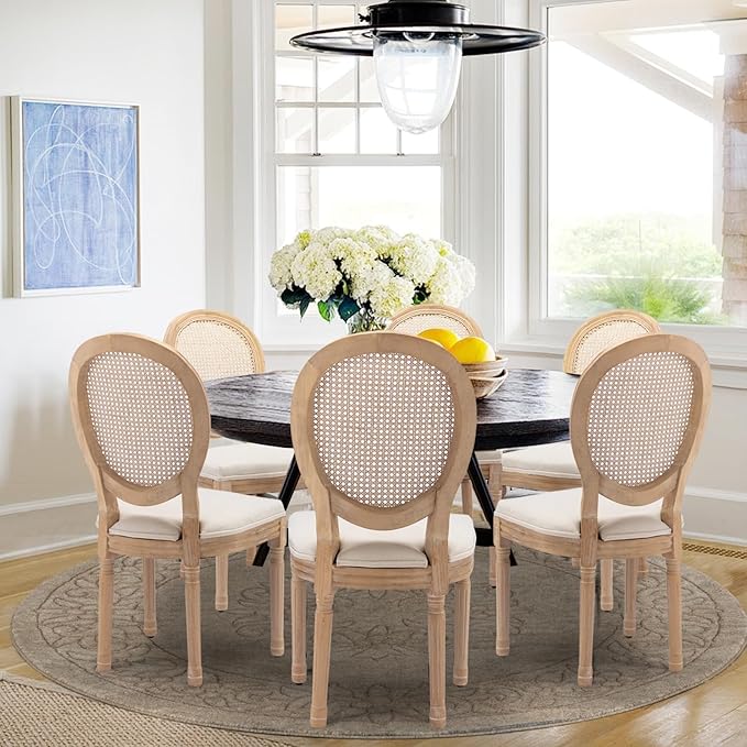 Rattan Back Upholstered Dining Chairs Set of 6 French Country Oval Kitchen Side Chairs with Wood Legs for Dining Room, Kitchen, Restaurant(Beige-Rattan)