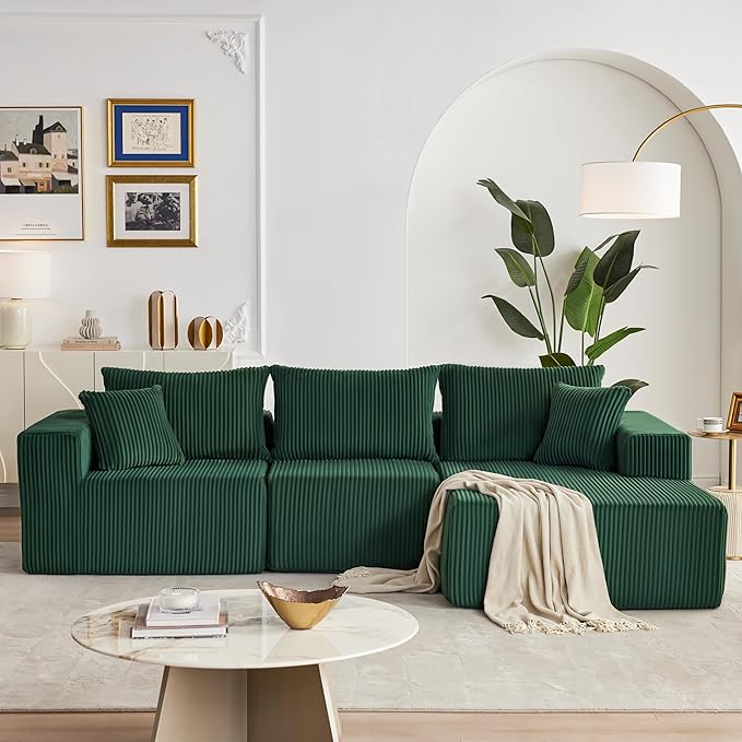 108” Modular Sectional Sofa, Cloud Sectional Couch with Deep Seat, Modern Modular L-Shape Sofa with Chaise,Upholstered Couches for Living Room Bedroom (Corduroy, Green)