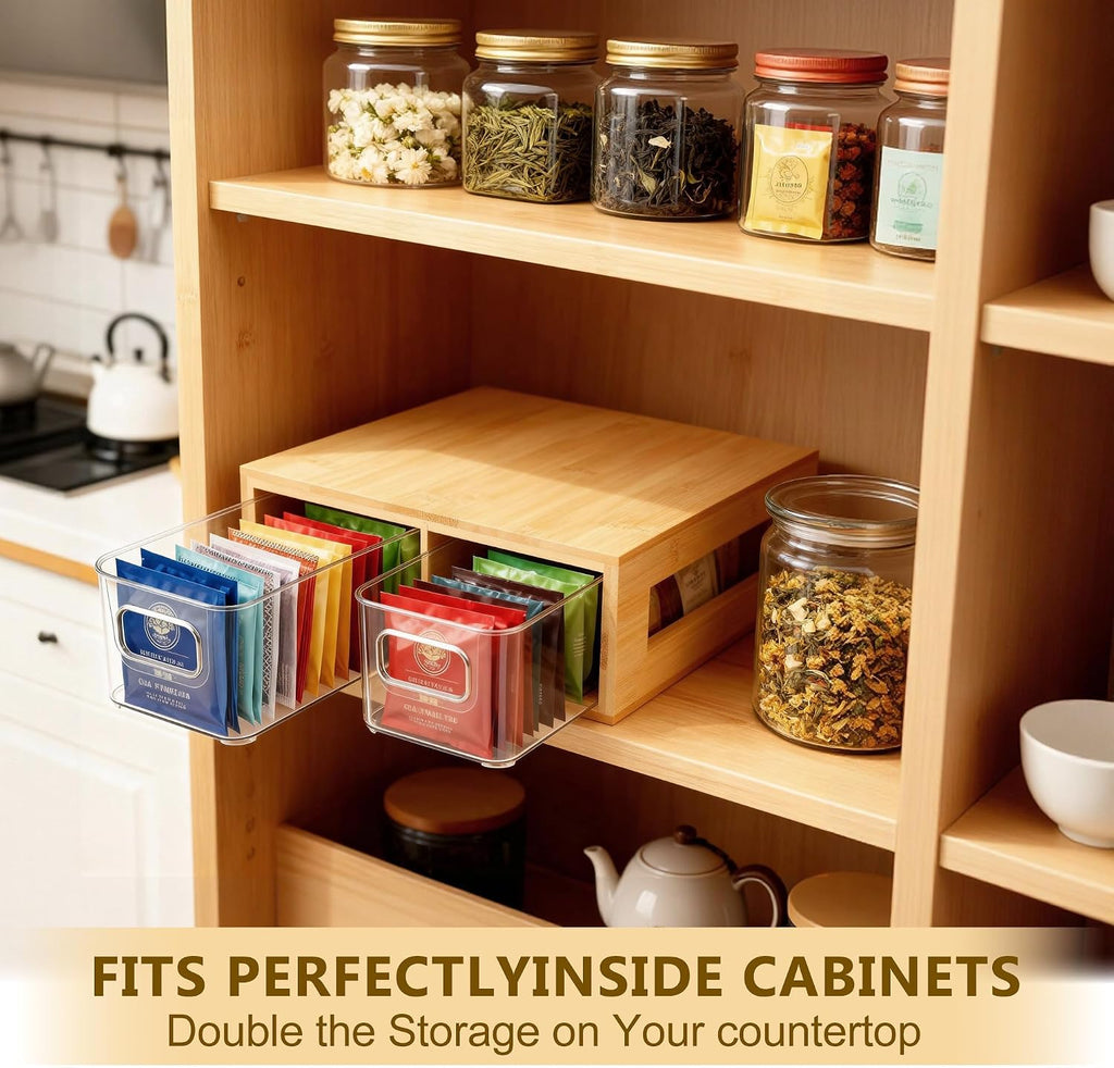 Tea Bag Organizer, Bamboo and Acrylic Drawer Tea Bag Holder Wood Teas Bags Storage for Drawers with 2 Roomy Compartments for Kitchen Living Room