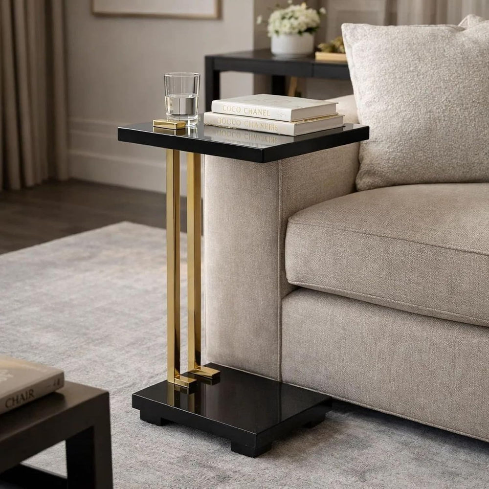 Benzara Dani Side End Table, Square Black Marble Top and Base, C Shape, 13 Inch