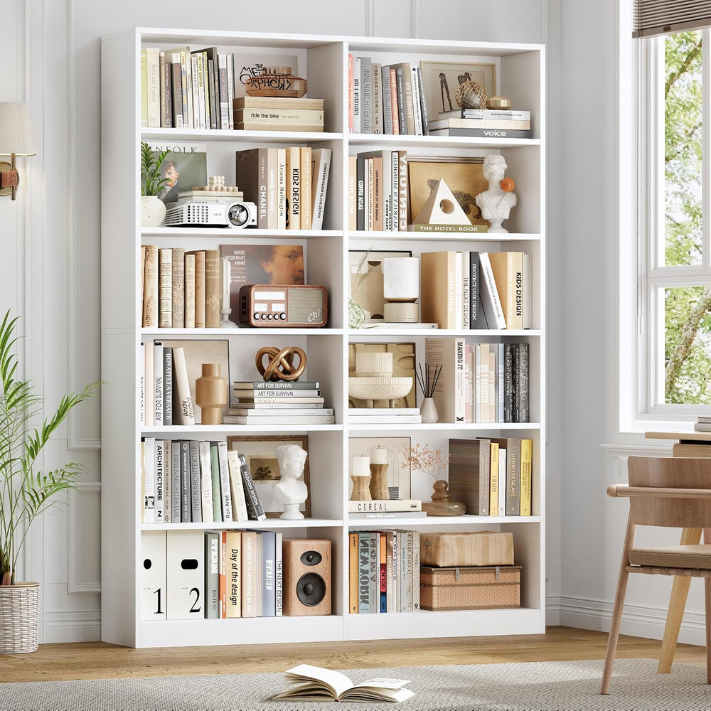 FACBOTALL Bookshelf Tall Bookcase, 6-Tier Double Wide Bookshelves, White