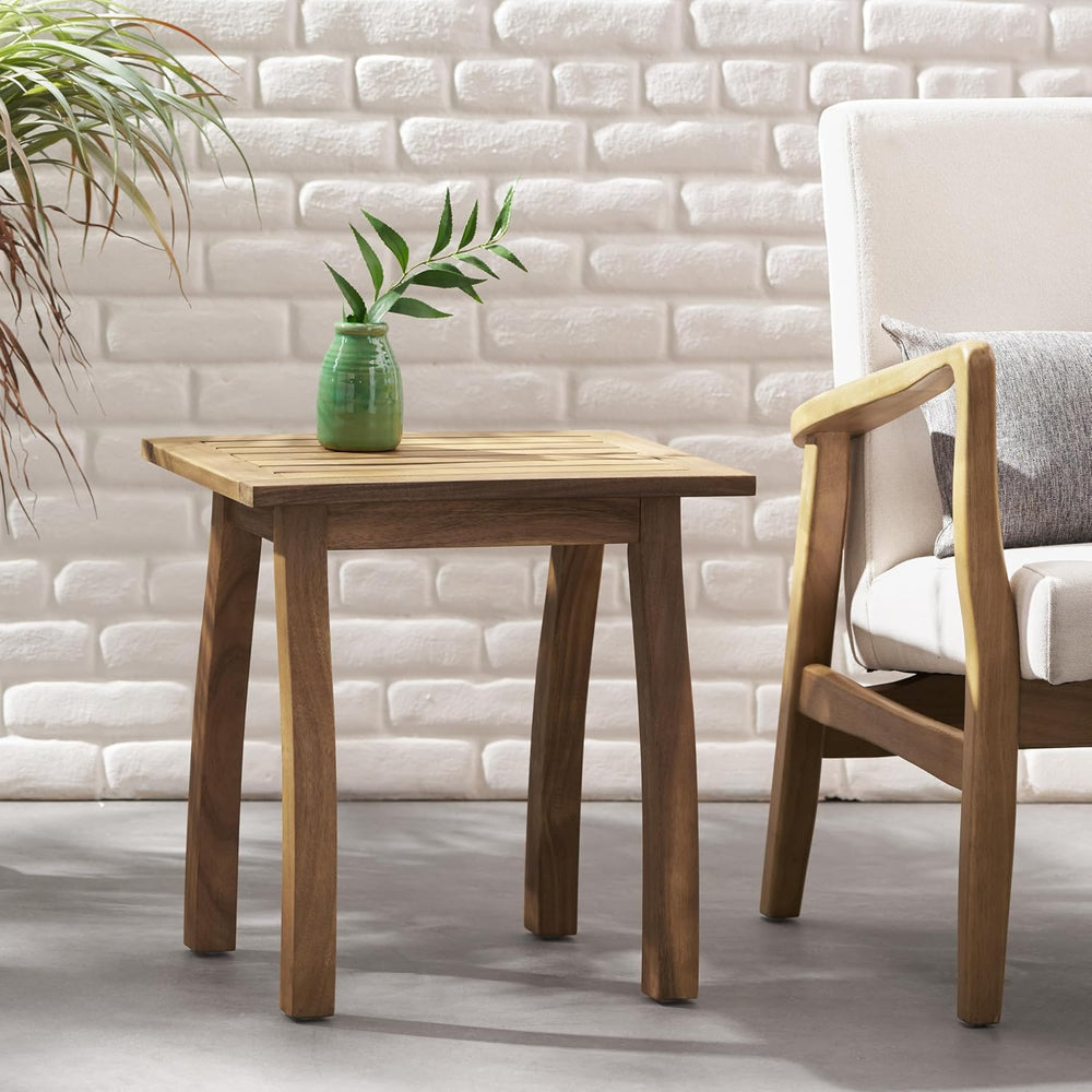 Outdoor Patio Side Table, Wood Accent End Table in Natural Stained, Weather-R...
