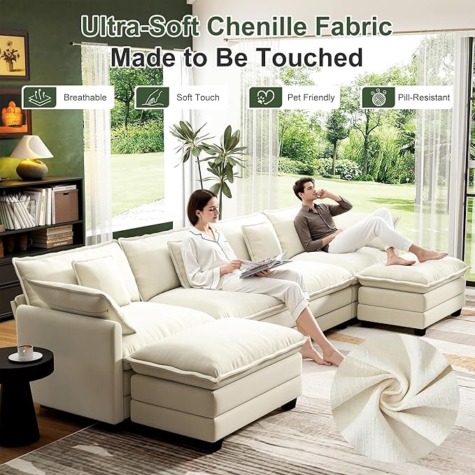 146" Cloud Couch Sectional, U Shaped Modular Sectional Sofa, 4-Seat Deep Seat Couch with 6 Removable Washable Pillows and 2 Ottoman for Living Room, Bedroom, Apartment, Beige