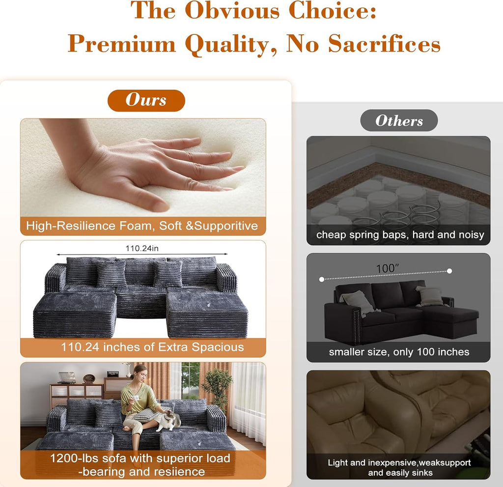 110 Corduroy Modular Sectional Boneless Sofa with 2 Ottomans, Convertible Cloud Couch with Deep Seats, Fluffy Memory Foam U Shaped Couch for Living Room, No Assembly Required (Gray)