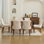 Upholstered Tufted Dining Chairs Set of 6, Fabric Side Dining Room Chairs with Nailhead Back Ring Pull Trim Solid Wood Legs, Beige