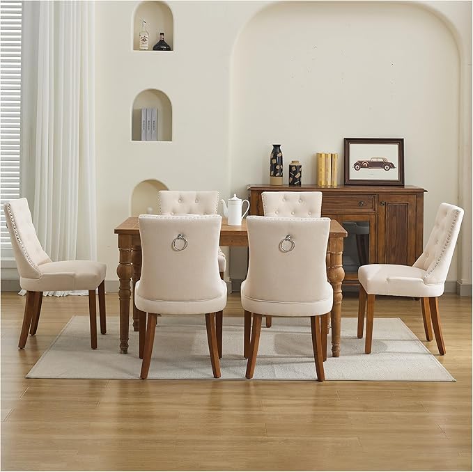 Upholstered Tufted Dining Chairs Set of 6, Fabric Side Dining Room Chairs with Nailhead Back Ring Pull Trim Solid Wood Legs, Beige