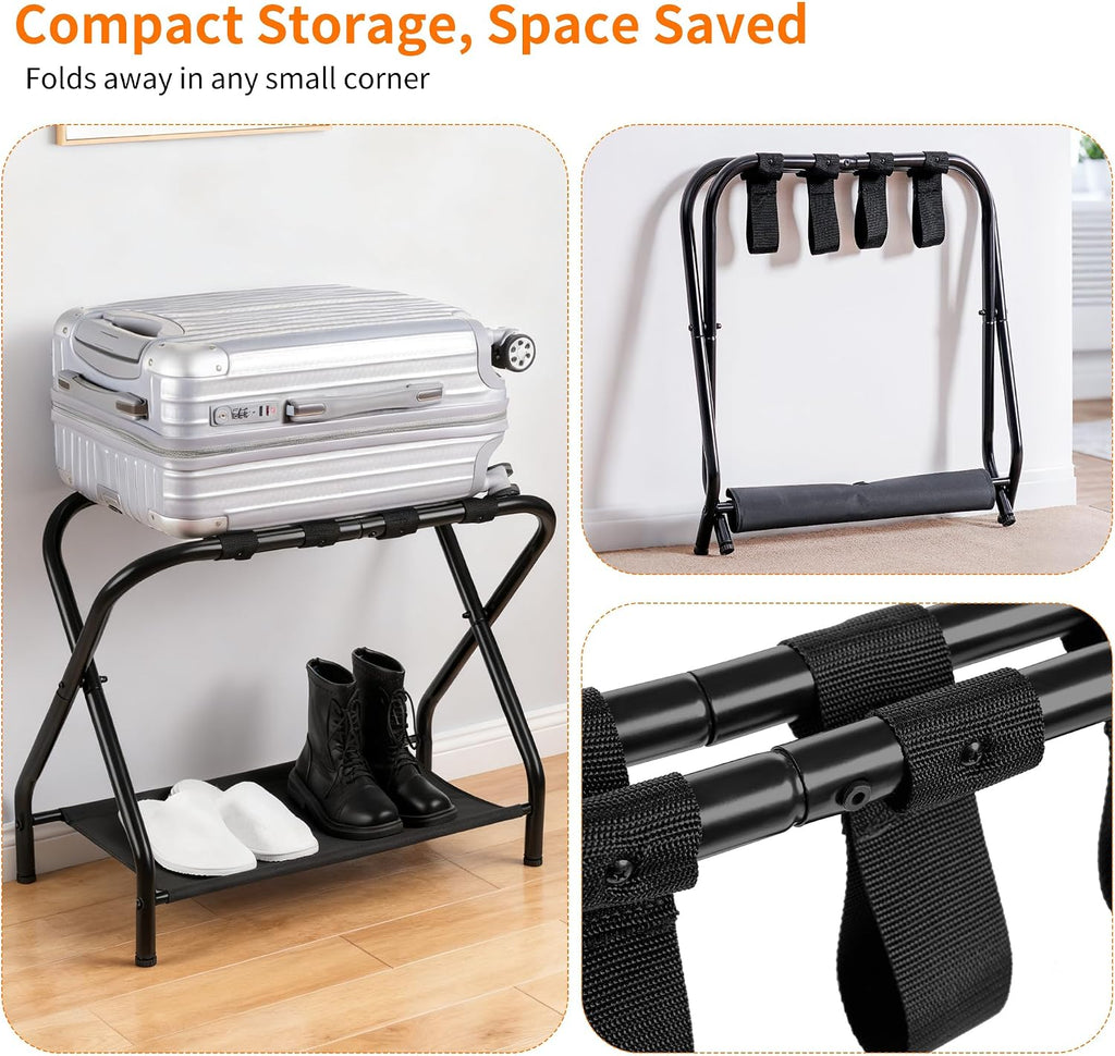 Heybly Luggage Rack for Guest Room, Pack of 2, Steel Folding Suitcase Stand with Storage Shelf for Bedroom, Hotel, Foldable Steel Frame, Guest Room 26.2" L x 14.4" W x 20.5" H, Black HLR004B2