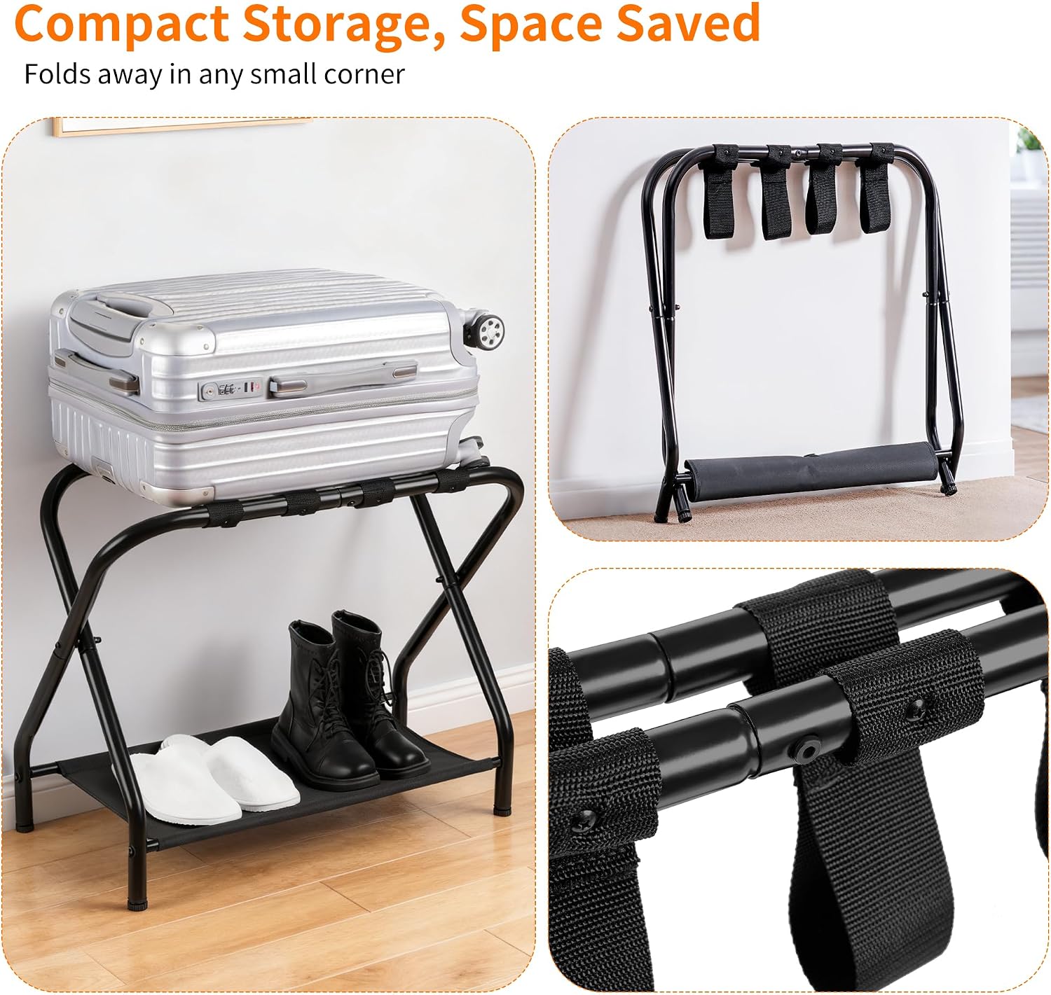 Heybly Luggage Rack for Guest Room, Pack of 2, Steel Folding Suitcase Stand with Storage Shelf for Bedroom, Hotel, Foldable Steel Frame, Guest Room 26.2" L x 14.4" W x 20.5" H, Black HLR004B2