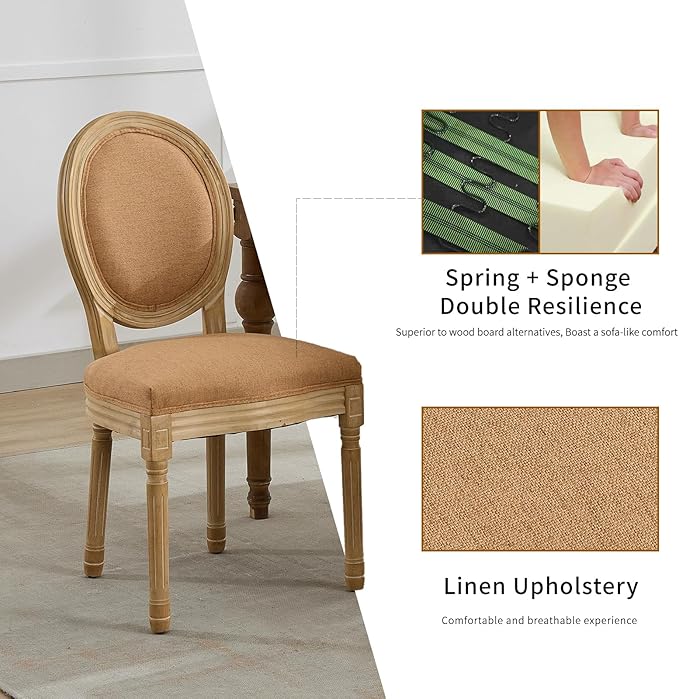 French Country Dining Chairs Set of 6, Caramel Kitchen & Dining Room Chairs Set of 6, Linen Upholstered Dining Chairs, Wood Legs, Sillas De Comedor (Fabric, Amber, 6Pcs)