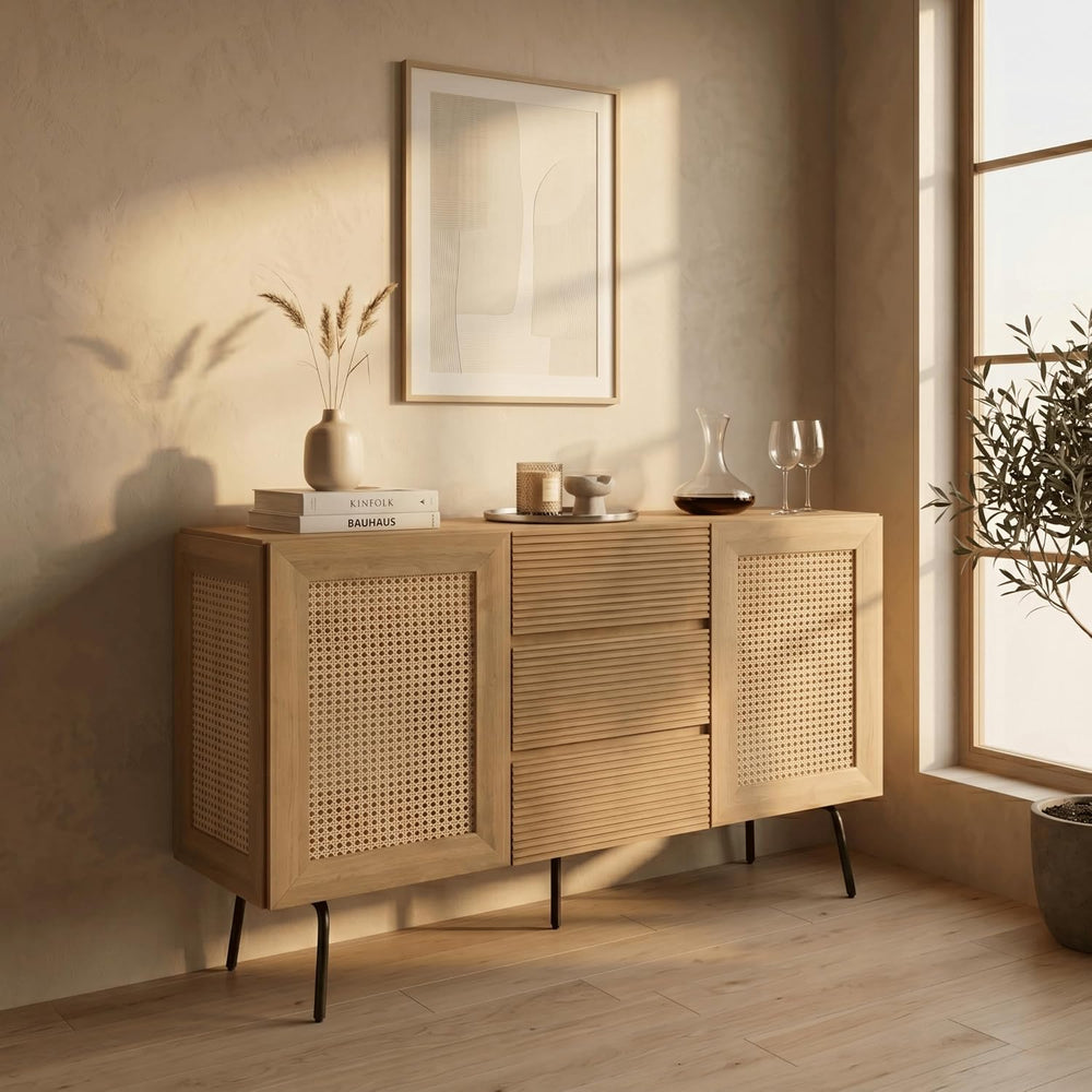 NTC MOSSIC Sideboard with 2 Doors and 3 Drawers, Buffet Cabinet with Natural ...