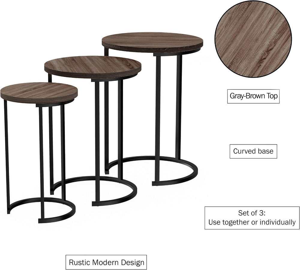 Lavish Home Round Nesting Tables Set of 3, Woodgrain-Look Top, Gray-Brown | 2...