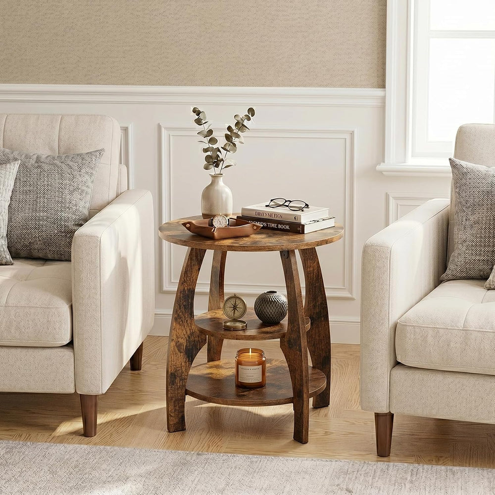 Masupu Round Side Table, 3-Tier Wood End Table, 19.7 inch Accent Table, Mid C...