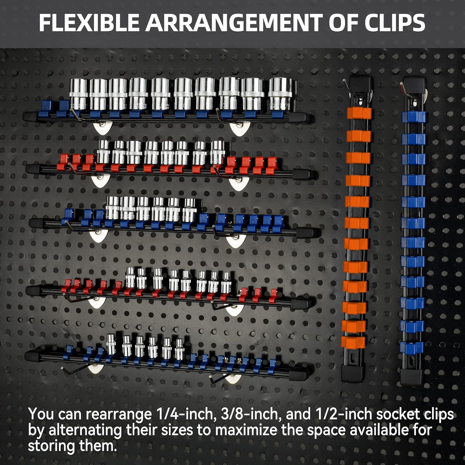 Socket Organizer Drive ABS Tools - Orange Socket Holder, Premium Quality 12 Pieces Socket Holders Kit 1/4-Inch x 64 Clips, 3/8-Inch x 60 Clips, 1/2-Inch x 48 Clips（12PC,Orange)