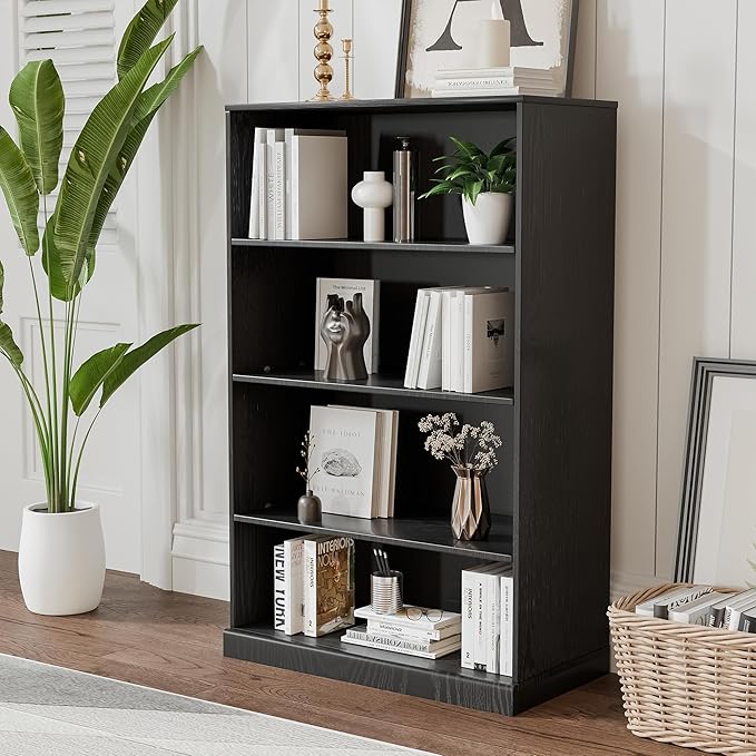 49" Wooden Book Shelf, 2 Shelf Bookcase, Modern Bookshelf with Adjustable Shelf for Home Office, Study Room, Black